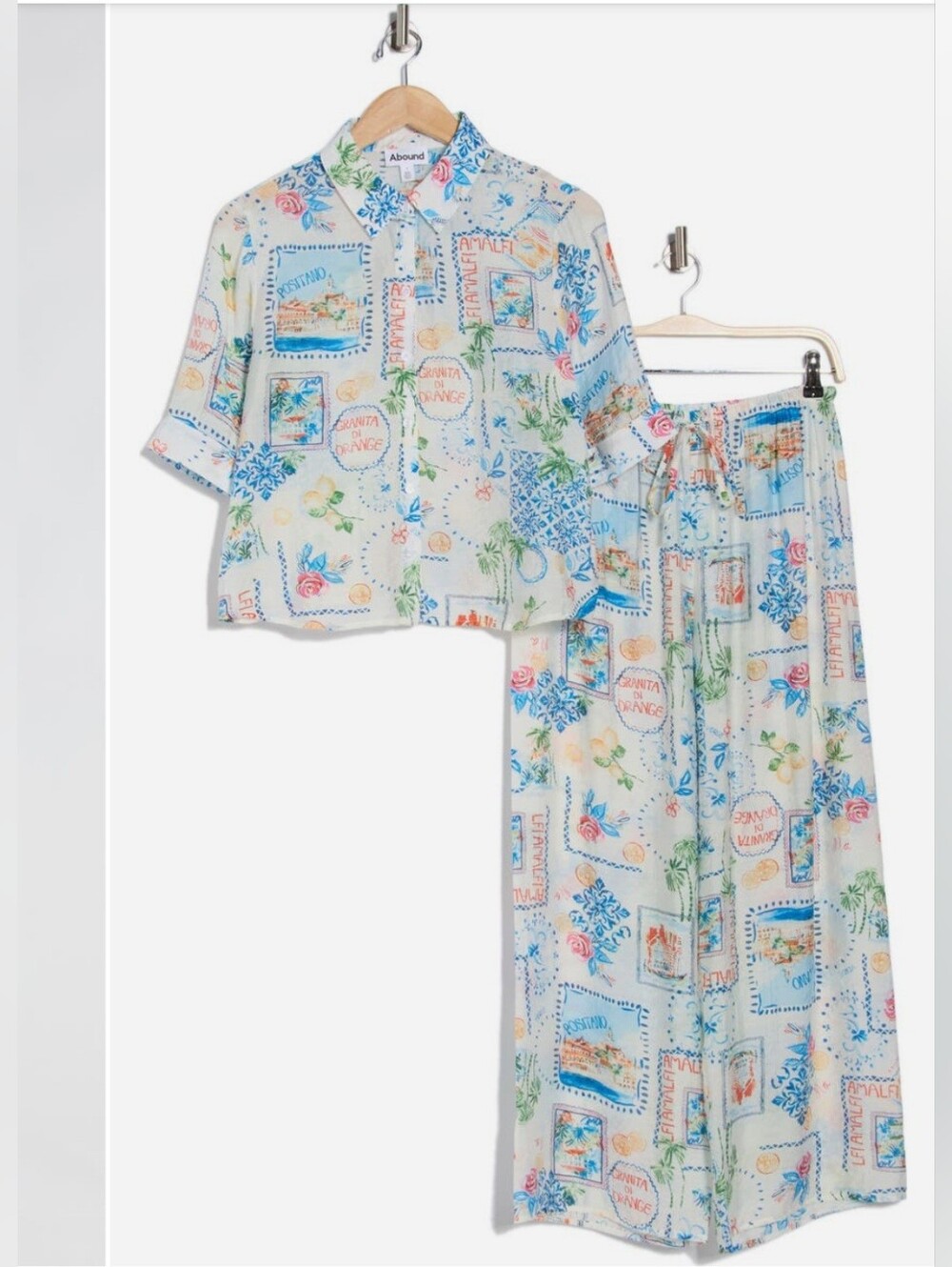 Abound Swim Cover-up Lightweight Patterned Wide-Leg Lounge Shirt & Pant Set - L - Picture 3 of 4